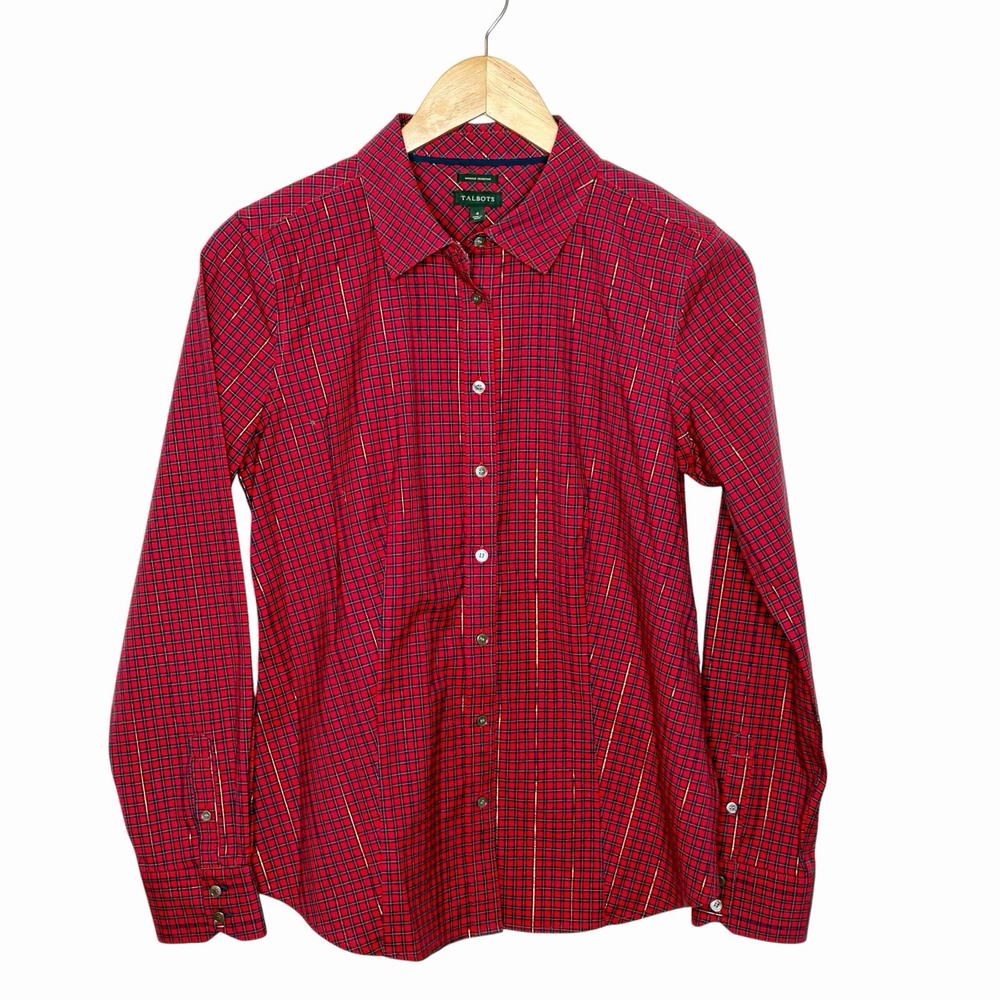 Talbots Wrinkle Resistant Plaid Shirt Red Blue Metallic Gold Womens 4 Button Up
